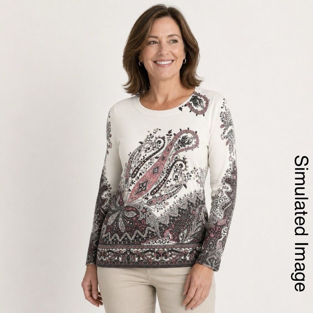Talbots Petite MP Paisley Sweater Womens Cotton Rayon Ivory Pink Black